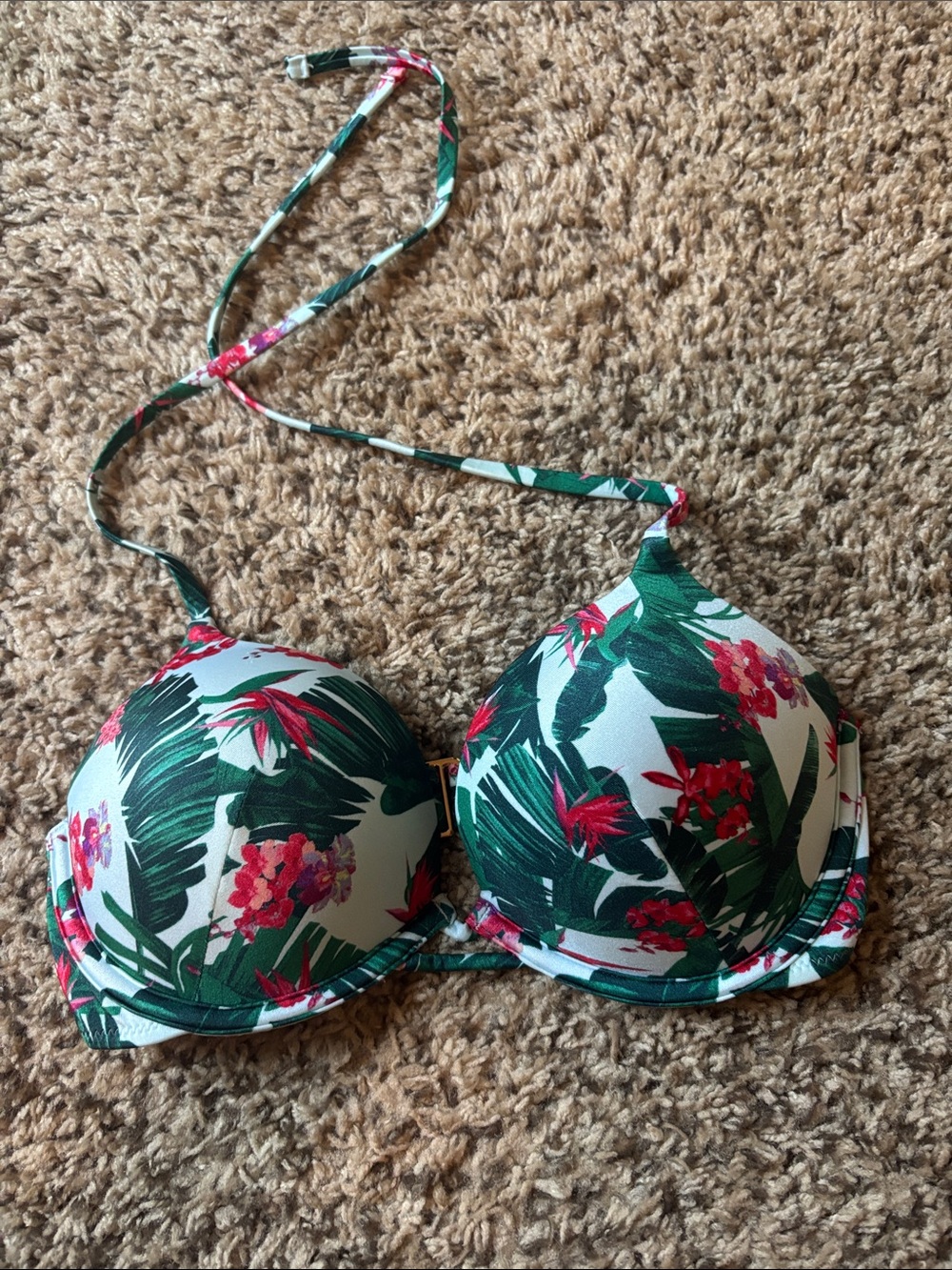 Tropical Leaf & Floral Push-Up Bikini Top - Green & Pink